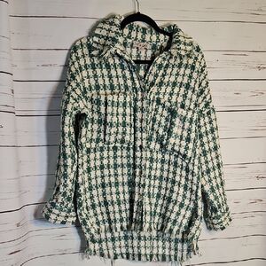 VRG GRL Green White Plaid‎ Tweed Fringed Shacket Jacket XS